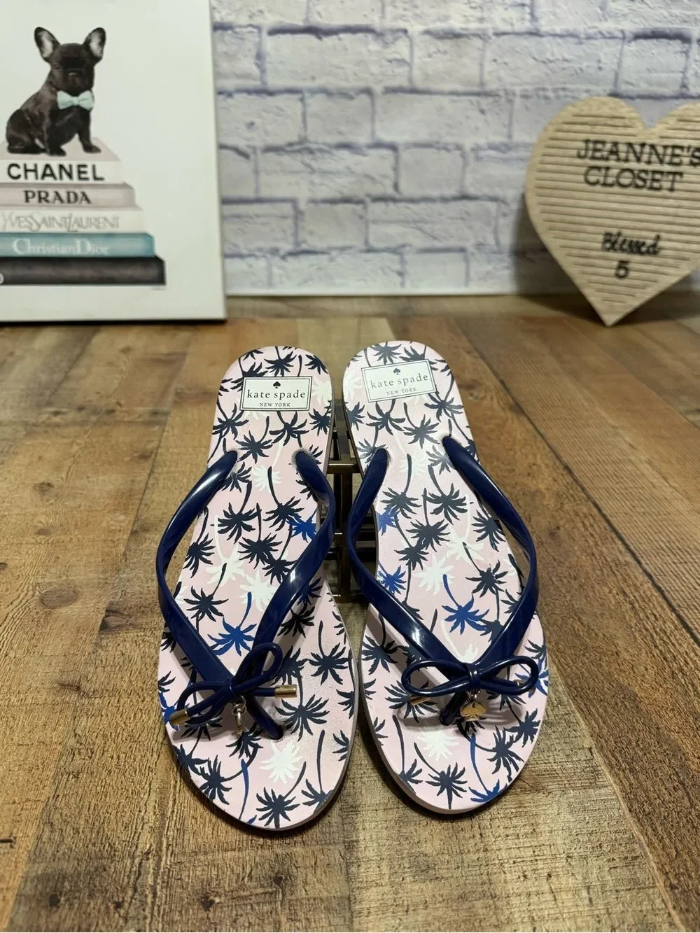 Kate Spade NY Flip Flops Pink Blue Palm Trees Bow Nova Thong Sandals Lightweight
